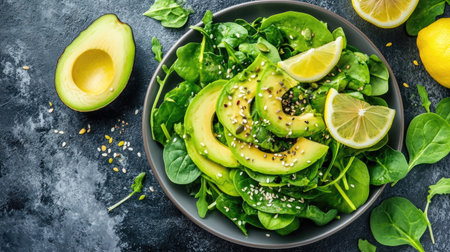 A healthy green salad with sliced avocado, lemon wedges, baby spinach, and a sprinkle of crunchy seeds, beautifully plated on a modern dishの素材