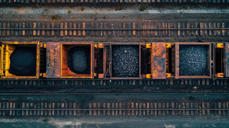 Aerial drone shot of black coal inside freight railway cars, lined up at a transport hub, tracks stretching into the distance.の素材