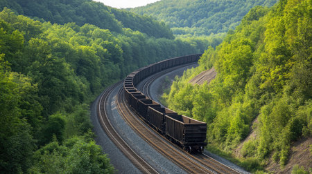 Bright summer landscape with a coal train running along curved railway tracks, seen from above.の素材