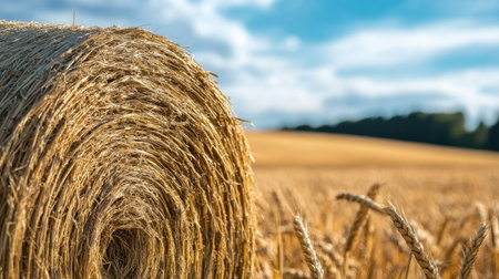 Close-up view of a textured round hay bale with golden wheat stalks in the background, blue sky above.の素材