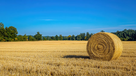 Close-up of a large straw bale with spiraled hay patterns, golden wheat field under a clear blue sky.の素材