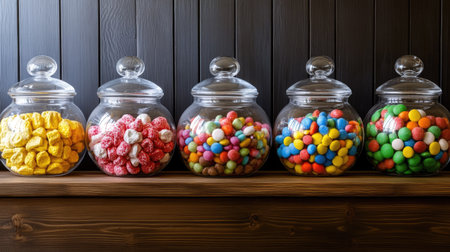 A candy buffet table filled with sweet treats in decorative glass jars, perfect for a party or event.の素材