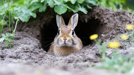 A brown rabbit hiding inside a burrow, only its little nose visible above the ground.の素材