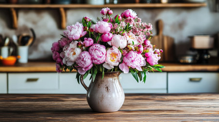 A bouquet of pastel pink peonies in a rustic jug, beautifully arranged on a wooden farmhouse-style kitchen table.の素材
