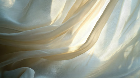 A close-up of a softly swaying transparent curtain, with light filtering through a modern window.の素材