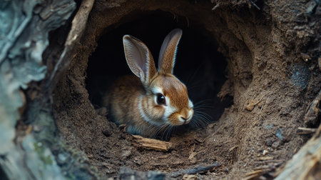 A brown rabbit deep in a hole, barely visible as it camouflages with the earthy tones around it.の素材