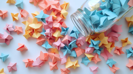 A vibrant scene of pastel-colored paper stars spilling from a glass bottle onto a white workspace.の素材