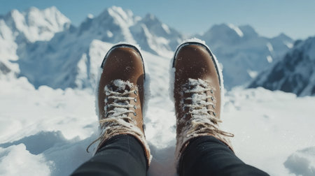 Mountain retreat girl relaxes on a snowy slope, surrounded by majestic peaks, ski boots resting in the soft powder. Serene winter moment.の素材