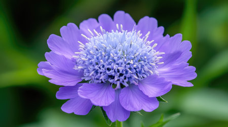 A stunning field scabious flower with soft blue-lilac tones, gently opening against a lush green nature scene.の素材