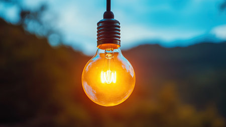 A single round light bulb glowing warmly, suspended in an outdoor setting with a dreamy blue sky in the softly blurred background.の素材