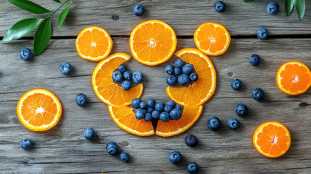 A charming and humorous lion face created using fresh orange slices and blueberries, carefully placed on a wooden table.の素材