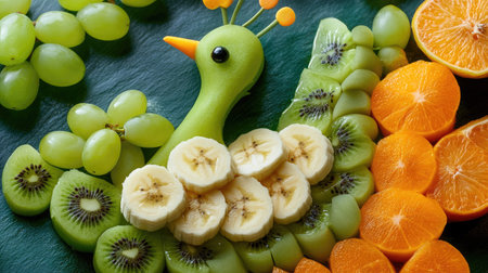 A creative fruit dessert in the shape of a peacock, using grapes, banana, and kiwi to create a colorful, fun design for children.の素材