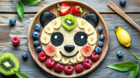 A cute panda face designed with fresh fruit, using bananas, kiwi, and blueberries, creating an adorable and fun meal.の素材
