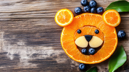 A fun food art creation of a lion face made with oranges and blueberries, displayed on a wooden table with soft lighting.の素材