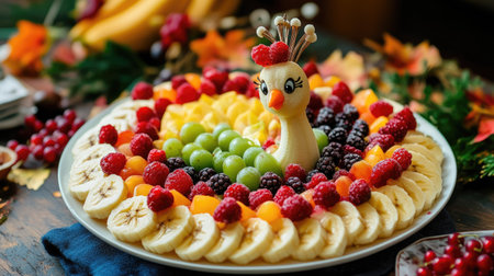 A funny and adorable peacock fruit dessert crafted with banana slices, grapes, and berries, arranged creatively for children.の素材