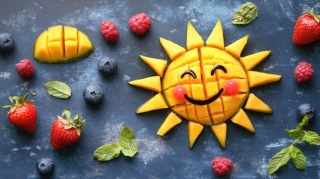 A happy sun design made from fresh fruit, with mango rays and a berry face, creating a fun and cheerful snack idea.の素材