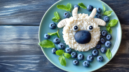 A healthy and funny sheep snack made with rice cakes and blueberries, arranged on a kids' lunch plate.の素材