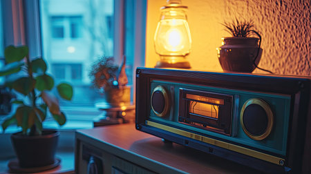 Cassette tape in motion being inserted into a stereo, with retro details and a warm glow completing the nostalgic setup.の素材