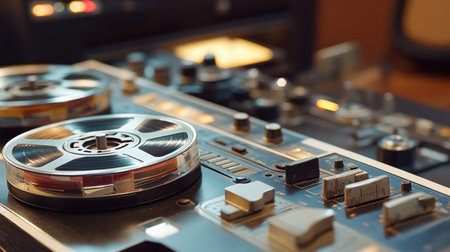 Cassette tape with magnetic reels in focus, with a classic stereo system and other vintage music elements in the background.の素材