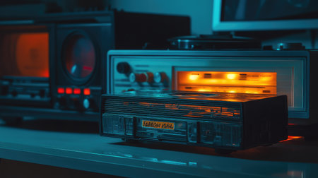 Cassette tape with handwritten label lying in front of a classic stereo, both illuminated by soft light in a retro-themed setup.の素材