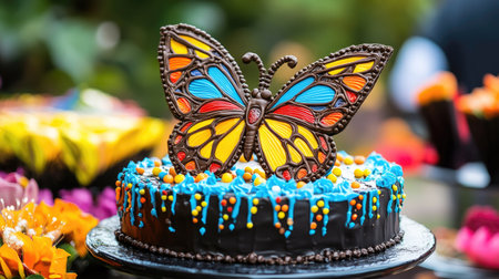 Butterfly-shaped cake with glossy chocolate decorations, bright buttercream frosting, and tiny edible pearls, displayed at a garden party.の素材
