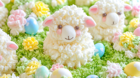 Close-up of Easter sheep cupcakes with marshmallow wool, sitting on a grassy field, decorated with pastel flowers and candy eggs.の素材
