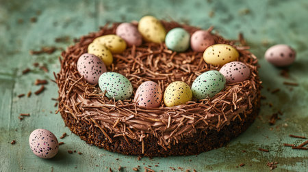 Chocolate bird nest Easter cake with a crispy base and pastel speckled eggs, arranged beautifully on a green wooden background.の素材
