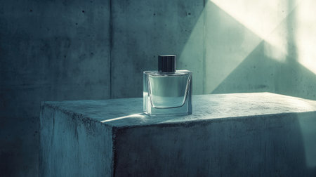 Clear glass perfume bottle on sculptural concrete, soft gradient lighting, minimalist high-end beauty conceptの素材