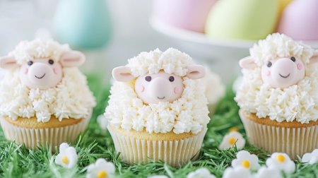 Delightful Easter dessert setup with handmade sheep cupcakes, sitting on lush grass with Easter eggs in the background.の素材