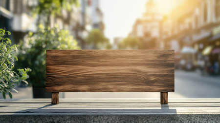 Empty wood signboard on the pavement with blurred shopfront background and morning sunlightの素材