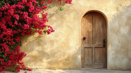 Aged door set in warm stucco with Mediterranean accents and bright pink flowers blooming nearbyの素材
