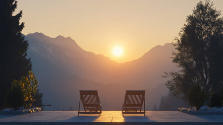 Alpine sunrise from a mountain lodge balcony with two empty chairs awaiting guestsの素材