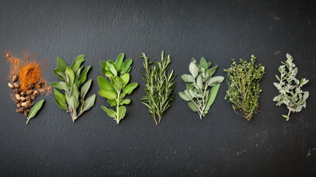Flat lay of Mediterranean herbs, dried spices, and fresh greens, forming a vibrant cooking background on black slate.の素材