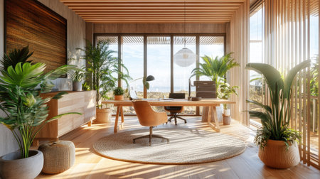 D visualization of a green office loft with rustic wood, potted plants, and a breathtaking natural view through large windowsの素材