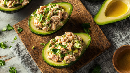 Avocados as bowls for homemade tuna salad, laid on rustic kitchen towel, keto-friendly snack idea with olive oil drizzleの素材