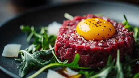 Artistic food plate featuring beef tartar, yolk and arugula, captured in close-up with modern aesthetic and open copy spaceの素材