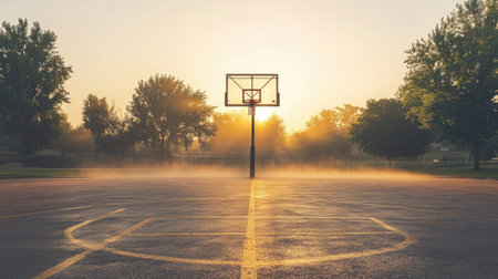A deserted outdoor basketball court at dawn, mist rising from the pavement, soft golden light illuminating the hoop and linesの素材