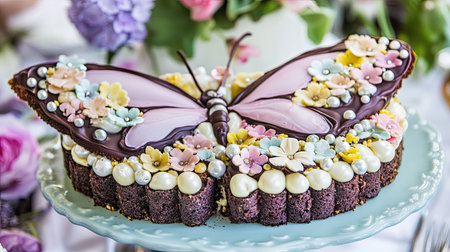 Butterfly-shaped cake with glossy chocolate decorations, bright buttercream frosting, and tiny edible pearls, displayed at a garden party.の素材