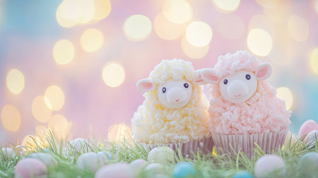 Close-up of cute Easter sheep cupcakes with soft marshmallow wool, resting on fresh grass, pastel bokeh in the background.の素材