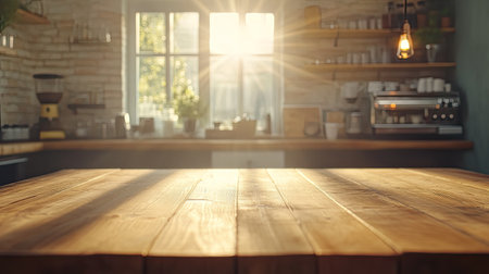 Empty wooden board in front of cafe counter with soft-focus interior and morning lightの素材