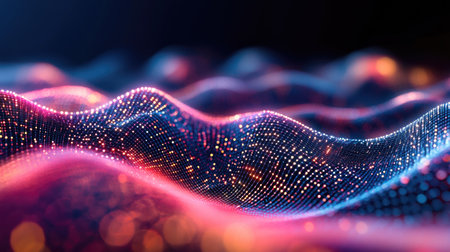 D futuristic city visualization with glowing data points, gradient wave connections forming a high-tech AI-powered smart cityの素材