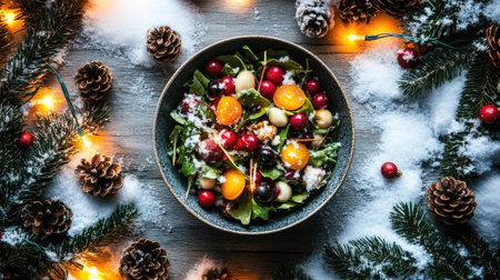 A bowl of Olivier salad placed on a snowy wooden surface, surrounded by Christmas lights, pinecones, and winter berries.の素材
