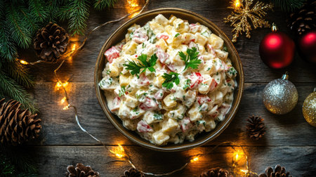 A bowl of Olivier salad garnished with fresh herbs, surrounded by Christmas decorations, pinecones, and holiday lights on a rustic wooden table.の素材