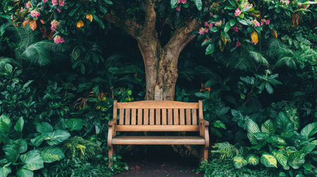 A charming wooden bench rests beneath a sprawling tree in the Royal Botanic Gardens, London, surrounded by vibrant foliage.の素材