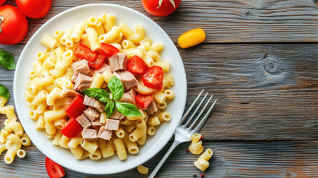 A beautifully plated macaroni salad with elbow pasta and tuna, arranged on a white plate with a wooden background.の素材