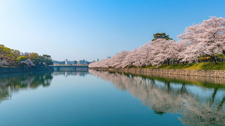 A breathtaking row of cherry trees in full bloom lining the Funakawa River, reflecting in the calm waters under a clear blue sky.の素材
