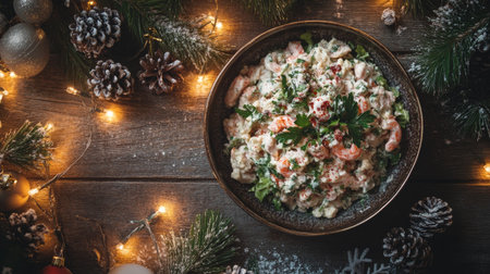 A bowl of Olivier salad garnished with fresh herbs, surrounded by Christmas decorations, pinecones, and holiday lights on a rustic wooden table.の素材