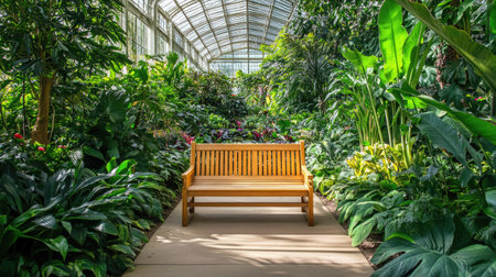 A classic wooden bench under a towering tree in the Royal Botanic Gardens, London, surrounded by vibrant greenery.の素材