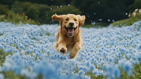 A dog joyfully running through the open nemophila fields, enjoying the freedom of spring in Hitachinaka.の素材