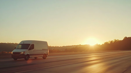A delivery van moves along the highway at sunset, golden hues reflecting on its clean white exterior.の素材